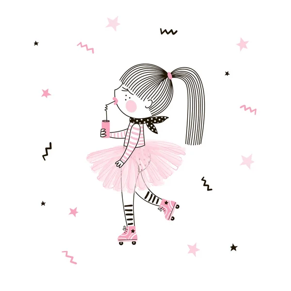 Schattig klein meisje in roze ballerina rok op rolschaatsen met frisdrank drinken. — Stockvector