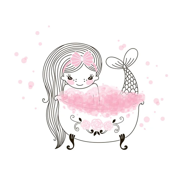 Χαριτωμένο γοργόνα κορίτσι με μακριά μαλλιά σε ρετρό λουτρό με ροζ σαπούνι αφρού. — Διανυσματικό Αρχείο