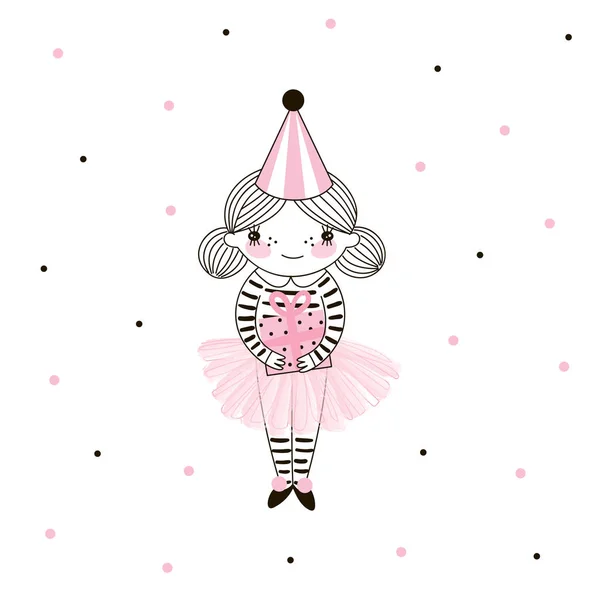 Schattig klein meisje in roze ballerina rok, partij GLB kegel met huidige vak — Stockvector