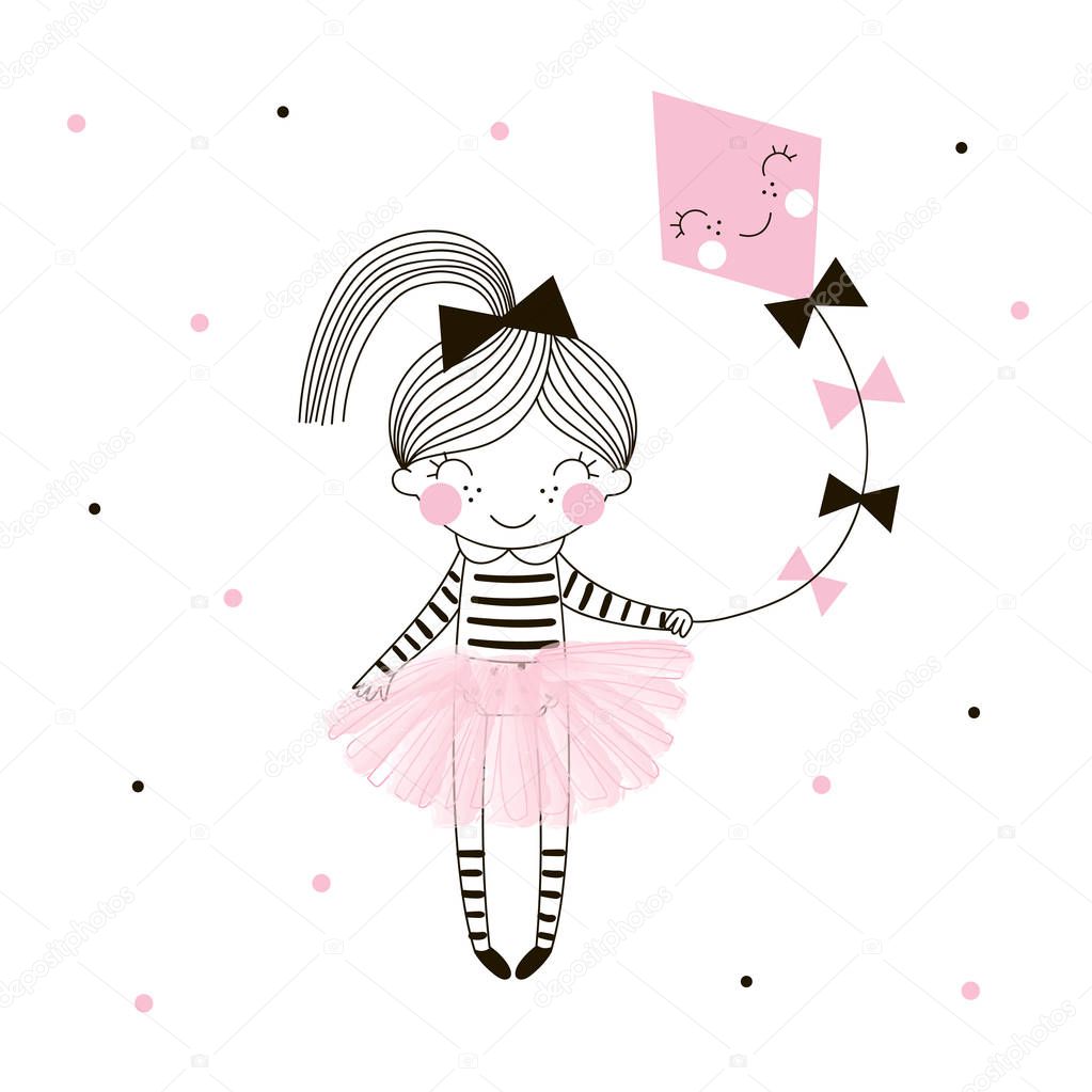 Cute little girl in pink ballerina skirt flies a kite