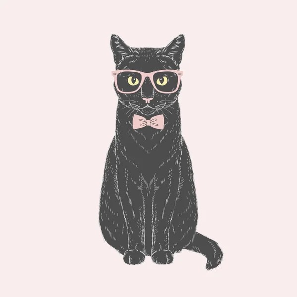 Black male cat dressed up in tie bow and glasses on pink background. — Stock Vector