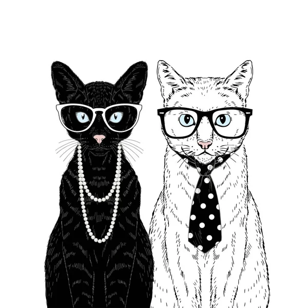 Black female cat dressed up in pearl necklace and white male cat dressed up in dotty tie. Matching cats couple. — Stock Vector