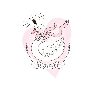 Cute swan bird in crown and ribbon bow. clipart