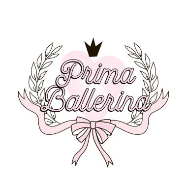 Defne çelengi ve şerit yay pembe kalp arka plan karede Baş balerin yazıt.