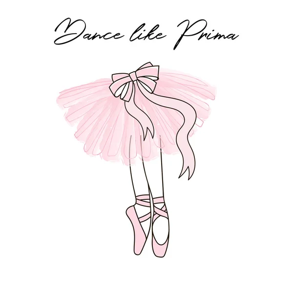 Bailarina piernas en zapatos puntiagudos y falda de ballet rosa transparente con lazo de cinta . — Vector de stock