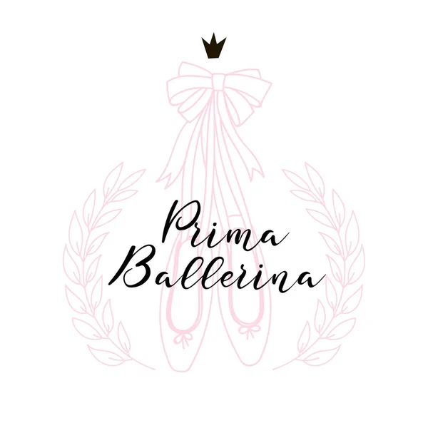 Prima Ballerina inscription in Laurel wreath frame on pink pointe shoes background. — Stock Vector