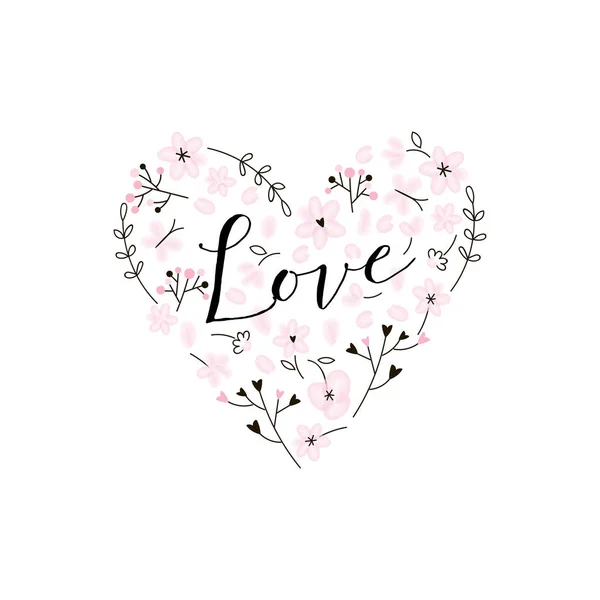 Pink floral heart with love calligraphic inscription. — Stock Vector