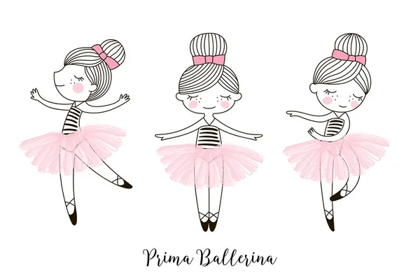 Conjunto de pequeños personajes de muñecas bailarina de dibujos animados lindo baile — Vector de stock