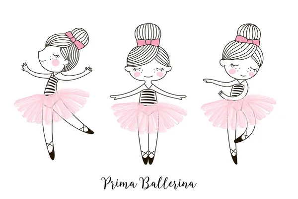 Set of cute little dancing cartoon Ballerina doll characters — Stock Vector