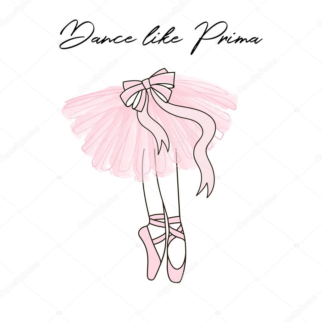 Dancing ballerina legs in pointe shoes and pink transparent ballet skirt with ribbon bow.