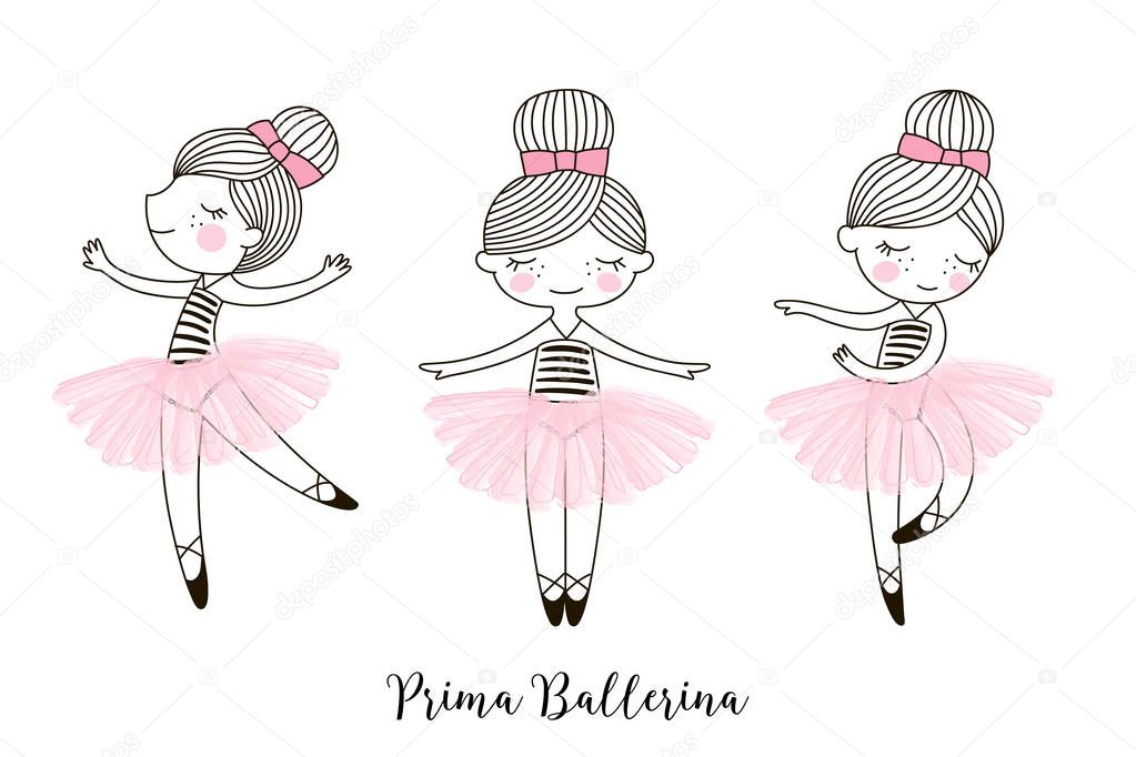 Set of cute little dancing cartoon Ballerina doll characters