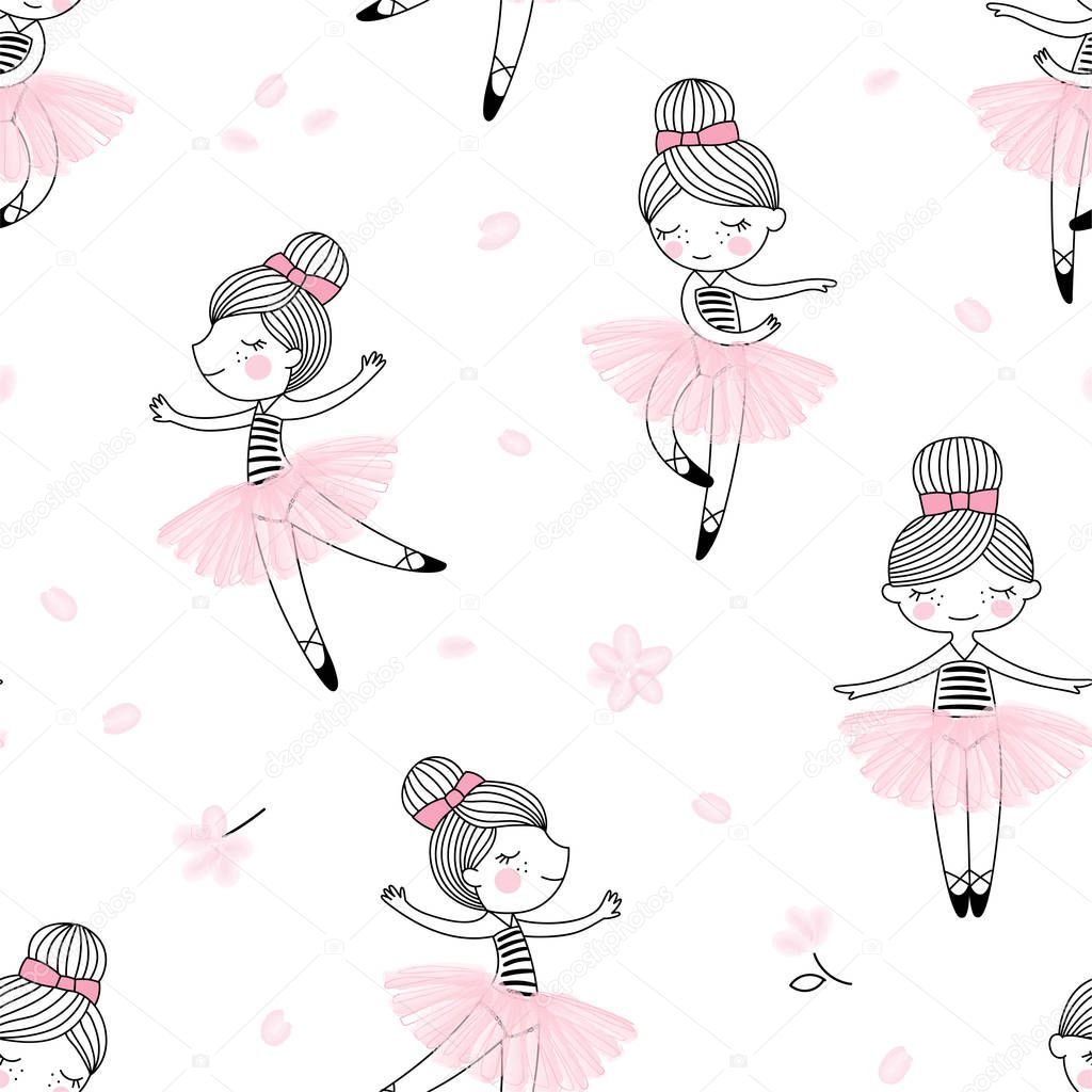 Cute dancing ballerina girls pattern. Ballet themed seamless background.