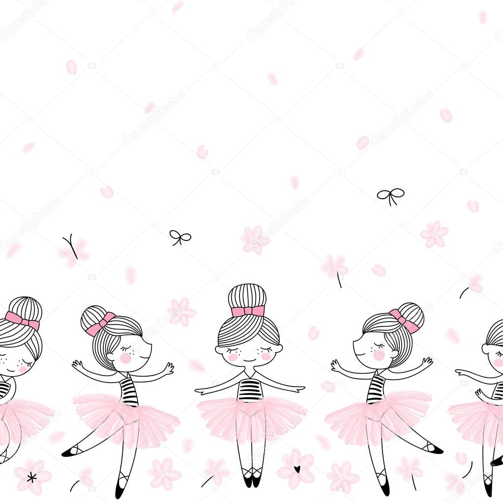 Cute dancing ballerina girls pattern. Ballet themed seamless background.