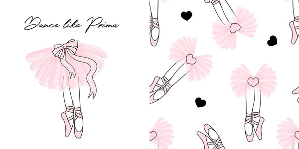 Conjunto de diseño de estampado y fondo sin costuras con patas Bailarina Bailarina en zapatos puntiagudos y falda de ballet rosa transparente . — Vector de stock