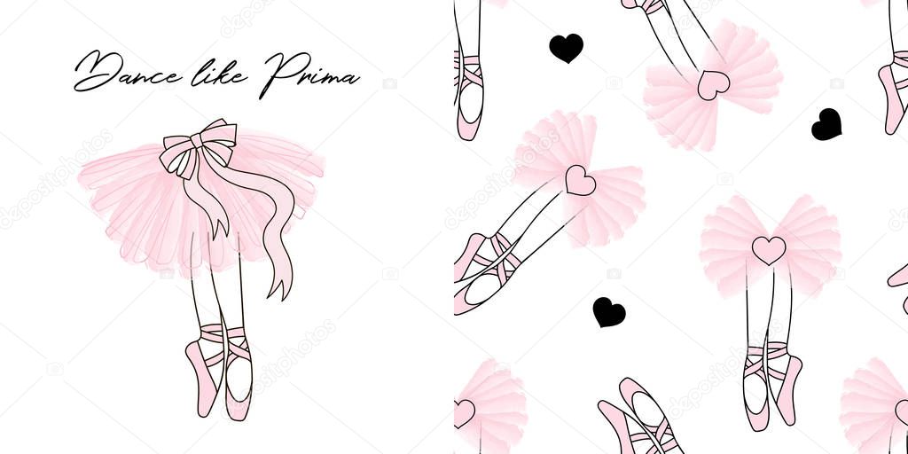Design set of print and seamless background with Dancing ballerina legs in pointe shoes and pink transparent ballet skirt.