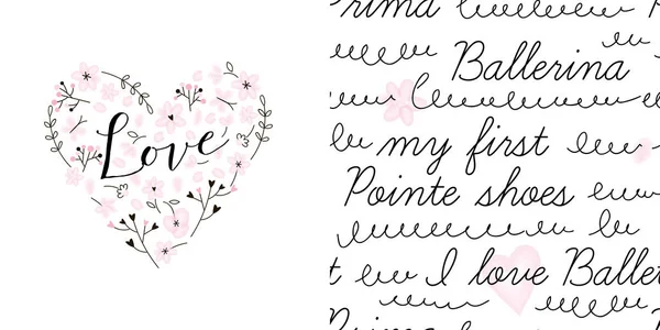 Ensemble design de coeur floral rose avec inscription calligraphique amour et fond sans couture calligraphie Doodle . — Image vectorielle