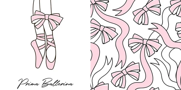 Design-Set mit tanzenden Ballerina-Beinen in Spitzenschuhen und Doodle-Schleifen Vektor nahtlosen Hintergrund. — Stockvektor