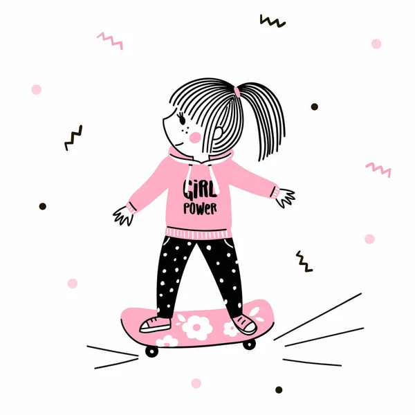 Schattig klein meisje in roze hoodie Ride op een skateboard — Stockvector