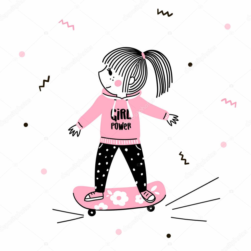 Cute little girl in pink hoodie ride on a skateboard