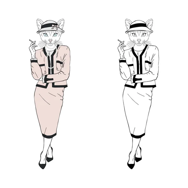 Humanized lady cat hipster dressed up in classy suit and hat with cigarette. — Stock Vector