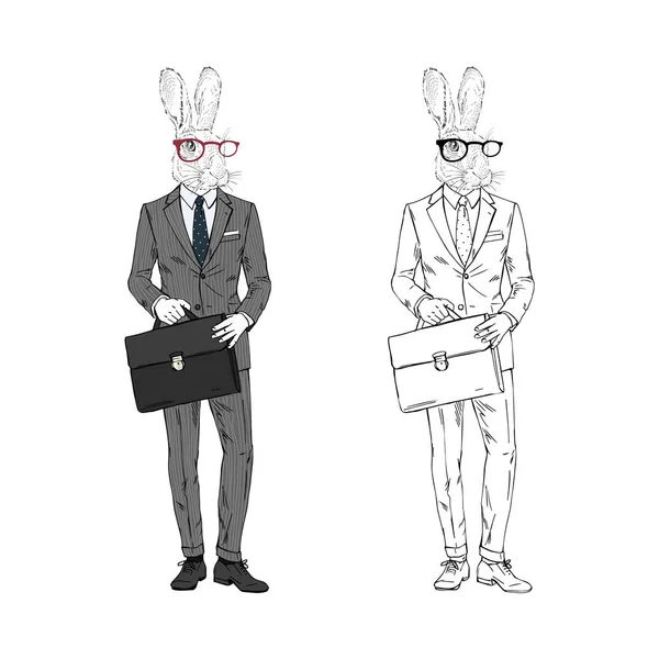 Humaniserad Nerdy kanin man hipster klädd i Business Office stil med resväska. — Stock vektor