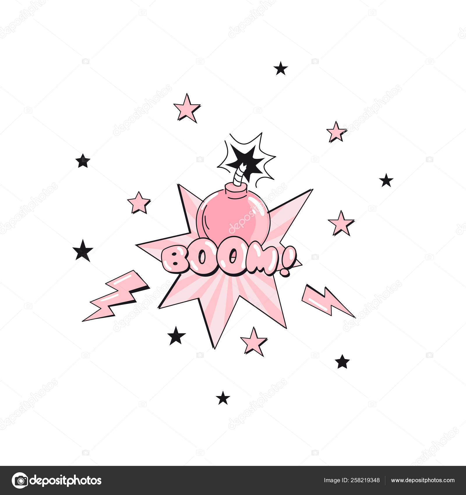 Little cartoon pink bomb illustration with boom Stock Vector