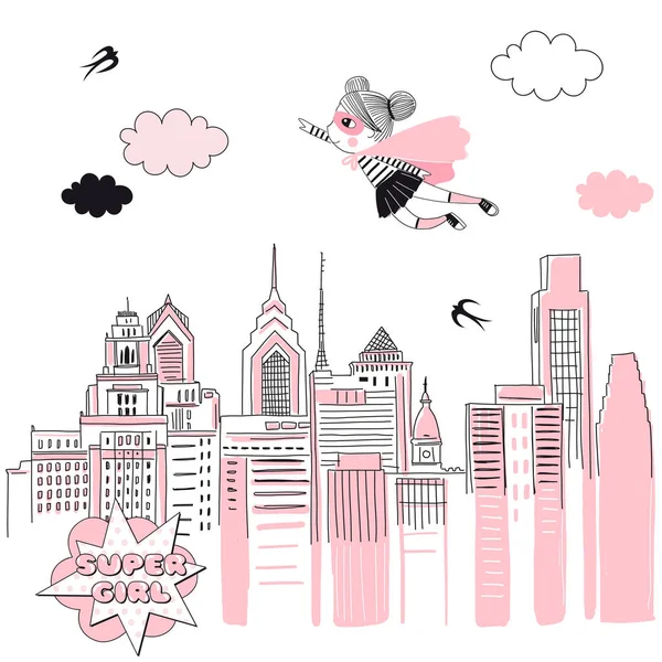 Supergirl volar por encima del paisaje urbano . — Vector de stock