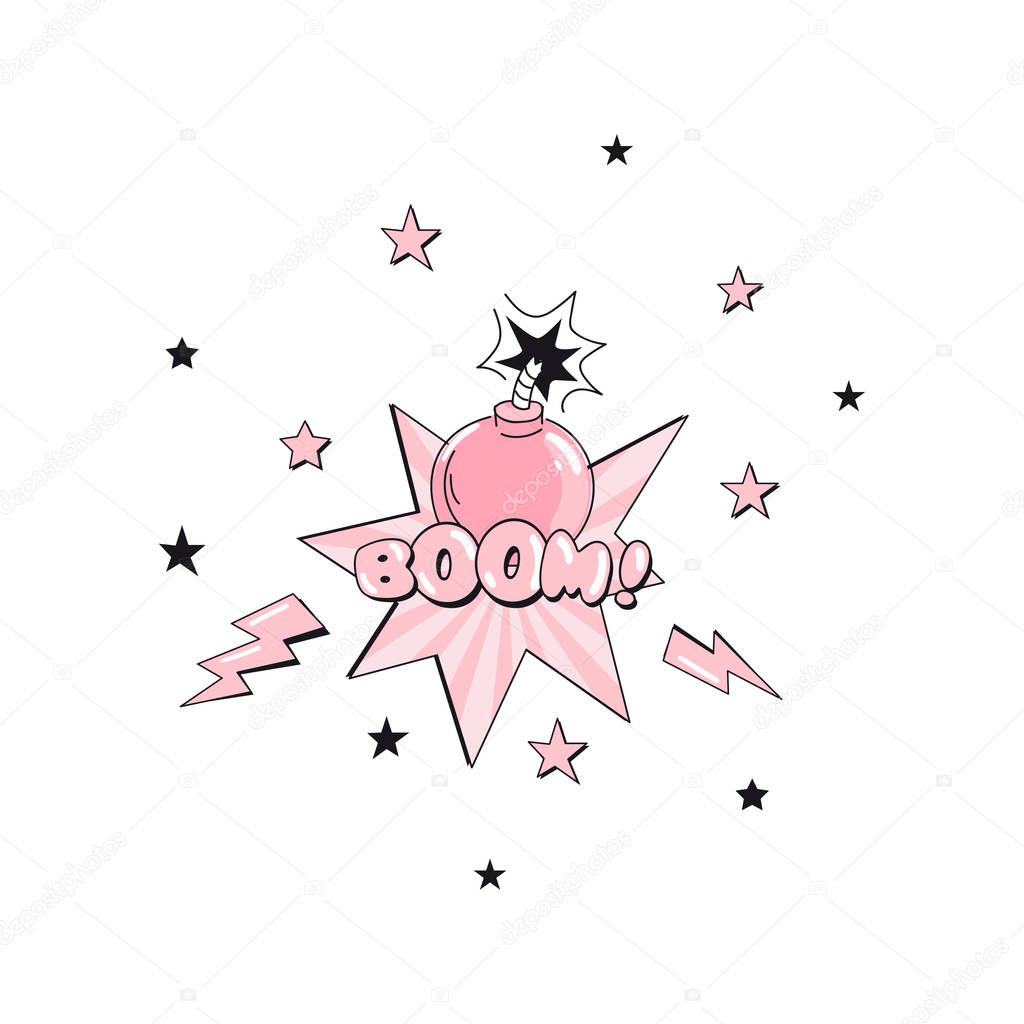 Little cartoon pink bomb illustration with boom text.