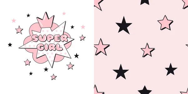 Vektor barnslig grafisk uppsättning typografiska Print med Super Girl bokstäver och enkel stjärnhimmel sömlösa mönster. — Stock vektor