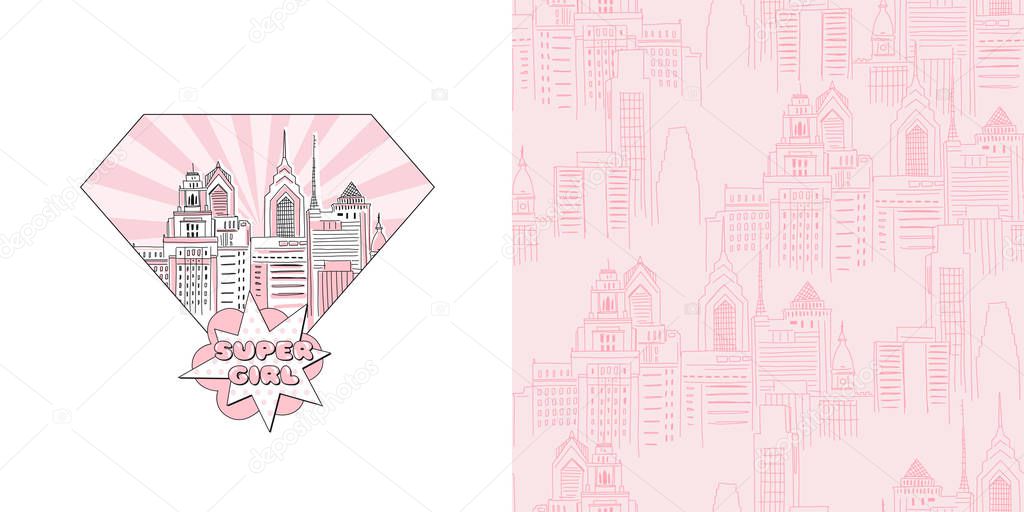 Vector childish graphic set of typographic print with Big City scape in diamond shape with super girl comic lettering and modern New York cityscape neutral seamless pattern.
