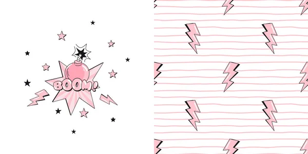 Vektor barnslig grafisk uppsättning typografiska skriva ut med lite tecknad rosa bomb illustration Boom text och Thunder Lights med Doodle ränder sömlösa mönster — Stock vektor