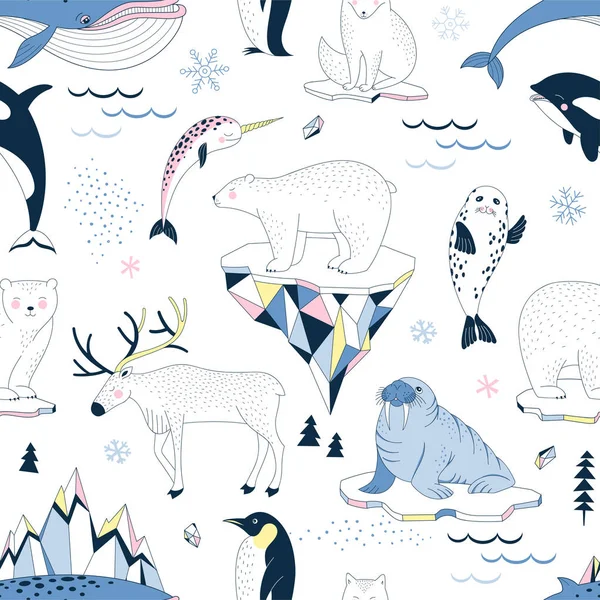 Seamless vector pattern with Polar Bear Walrus Penguin Narwal Seal Reindeer Killer Whale Arctic Fox Iceberg Snowflakes North Landscape elements. — Stock Vector