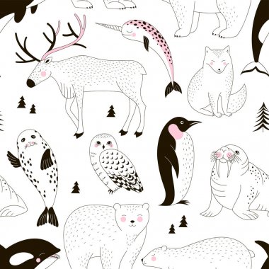 Kutup Ayısı Mors Penguen Narwal Seal Reindeer Killer Whale Arctic Fox Baykuş ile Dikişsiz vektör desen.