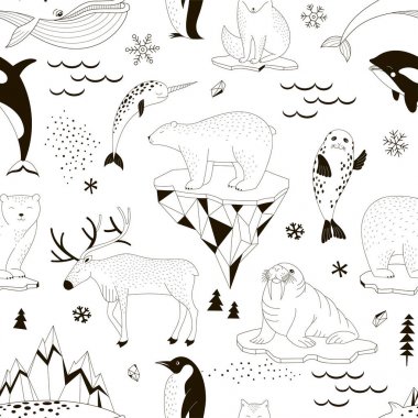 Kutup Ayısı Mors Penguen Narwal Seal Reindeer Killer Whale Arctic Fox Iceberg Snowflakes Kuzey Peyzaj elemanları ile Dikişsiz vektör deseni.