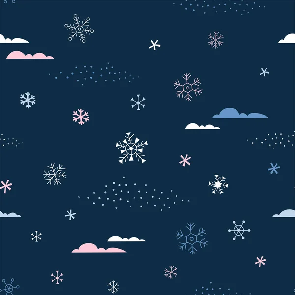 Handritad Doodle sömlöst mönster med snöflingor på en mörk bakgrund. Snöiga himmel bakgrund. Perfekt för tyg, textil, omslagspapper, kort, inbjudan, tapet. — Stock vektor