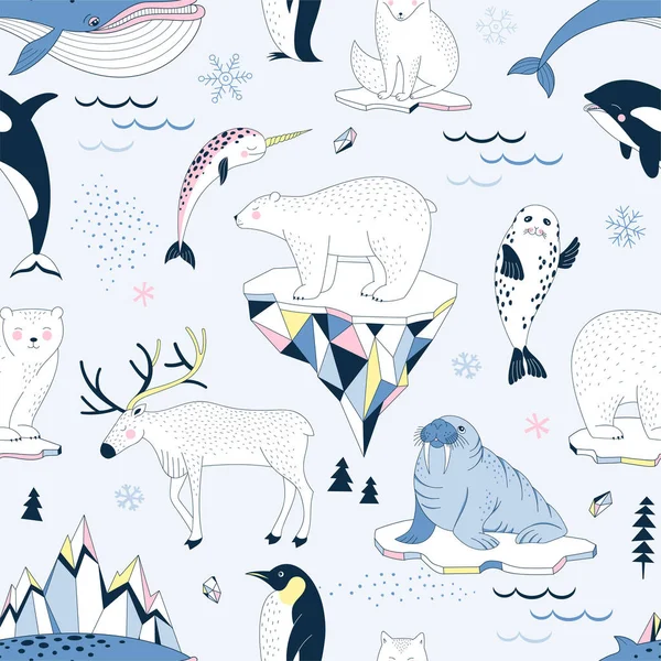 Seamless vector pattern with Polar Bear Walrus Penguin Narwal Seal Reindeer Killer Whale Arctic Fox Iceberg Snowflakes North Landscape elements. — Stock Vector