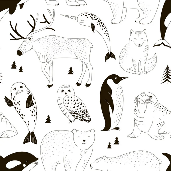 Seamless vector pattern with Polar Bear Walrus Penguin Narwal Seal Reindeer Killer Whale Arctic Fox Owl. — Stock Vector