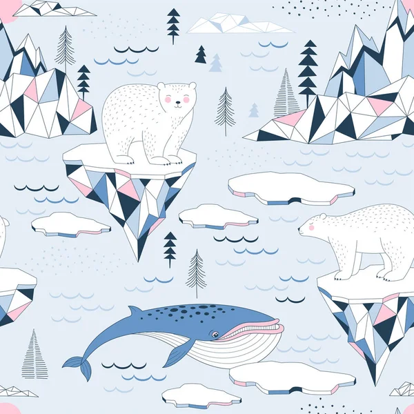 Seamless vector pattern with Polar Bear Blue Whale Ocean Mountains Iceberg Blocks of Ice North Landscape elements. Arctic — Stock Vector