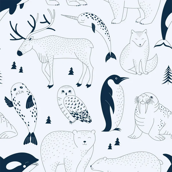 Bezszwowe wektor wzór z Polar Bear Walrus Penguin narwal Seal renifer killer whale Arctic Fox Owl. — Wektor stockowy