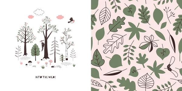 Faune forêt mode enfantine graphismes textiles ensemble avec impression t-shirt et fond carrelable accompagné . — Image vectorielle