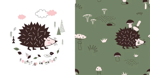 Forest Wildlife barnslig Fashion textil grafik set med t-shirt Print och åtföljas beläggnings bakgrund. — Stock vektor