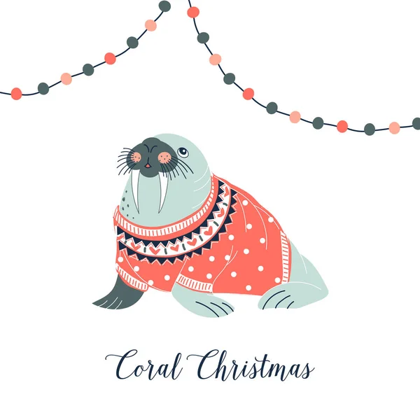奇形怪状的圣诞海象，穿着提花毛衣. — 图库矢量图片