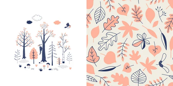 Forest Wildlife kinderachtig Fashion textiel graphics set met t-shirt print en begeleid betegelbare achtergrond. — Stockvector