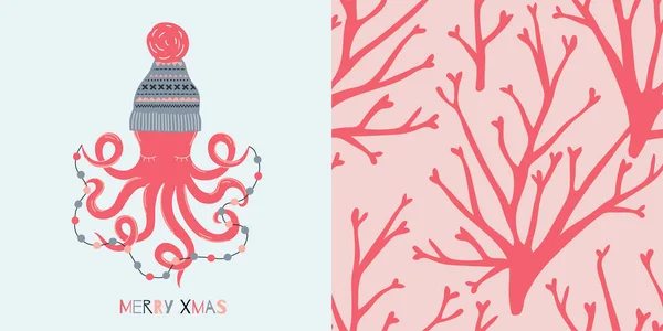 Coral subaquático Feliz Natal conceito gráfico vetor definido em estilo escandinavo decorativo . — Vetor de Stock