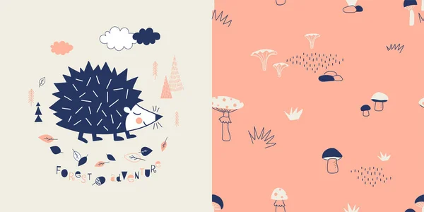 Forest Wildlife kinderachtig Fashion textiel graphics set met t-shirt print en begeleid betegelbare achtergrond. — Stockvector
