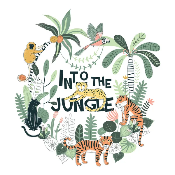 Exotiska tropiska vilda djur typografiska illustration — Stock vektor