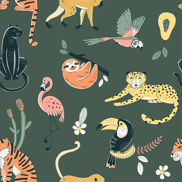 정글 동물 색상 벡터 원활한 패턴 — 스톡 벡터