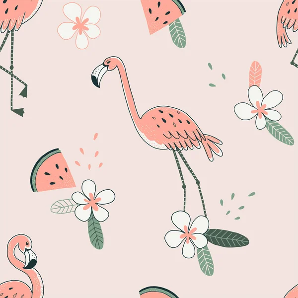 Flamingo, watermelon color vector seamless pattern