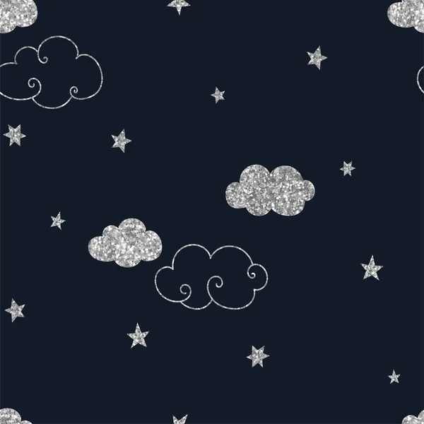 구름 이음새있는 패턴으로 별이 빛나는 밤 — 스톡 벡터