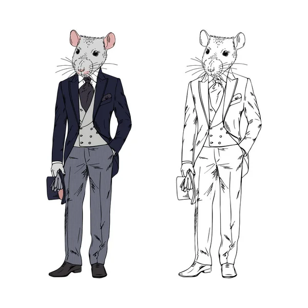 Ilustración dibujada a mano de rata antropomórfica — Vector de stock